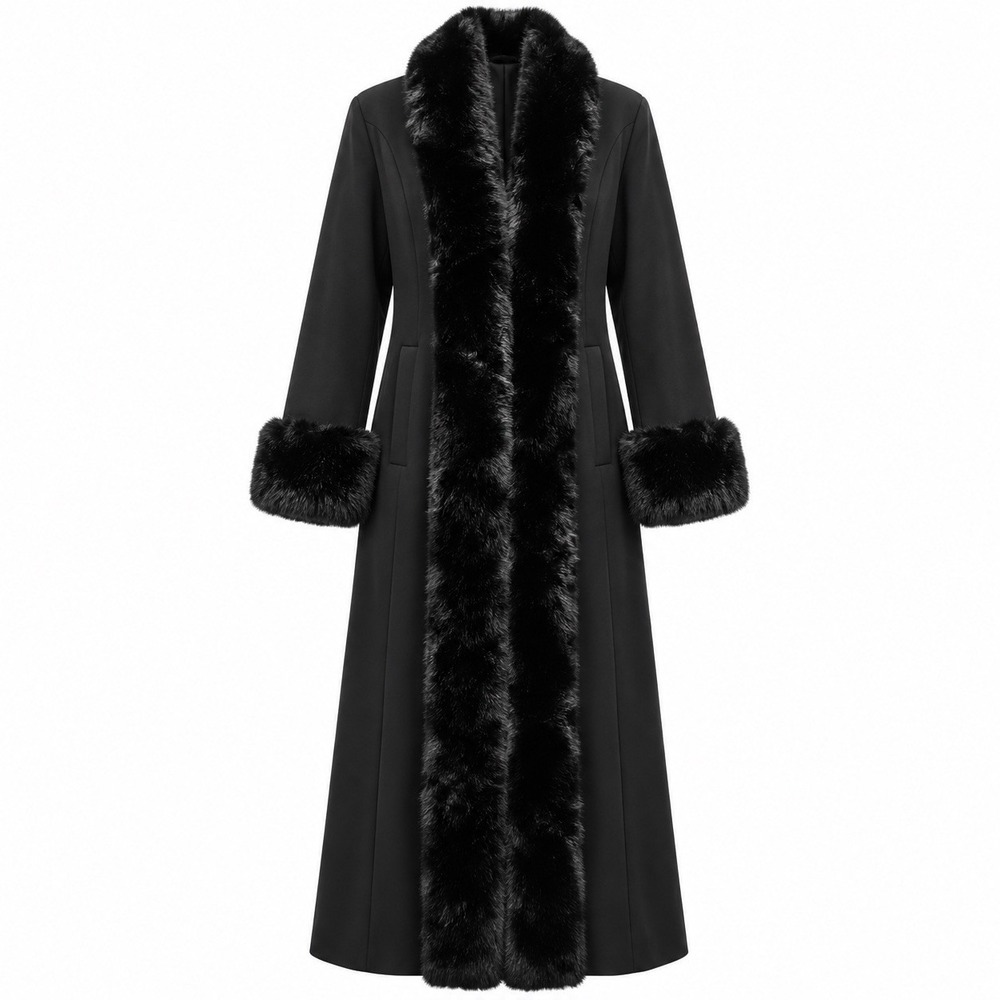 Joseph Ribkoff Women's Size 12 Black Faux Fur Trim Long Coat Evening Mob Jacket